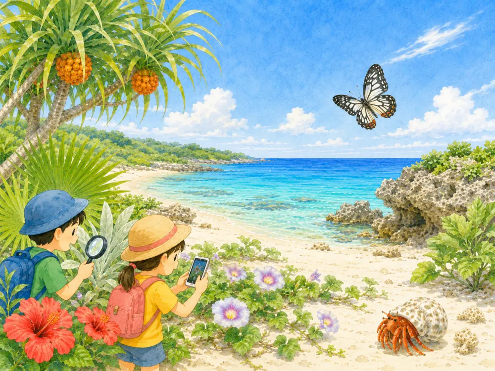 久高島の白い砂浜。アダンの木とハイビスカスの花のそばで、帽子をかぶった子どもが二人、虫めがねとスマートフォンで植物を見ている。空にオオゴマダラが飛び、砂の上にオカヤドカリがいる。